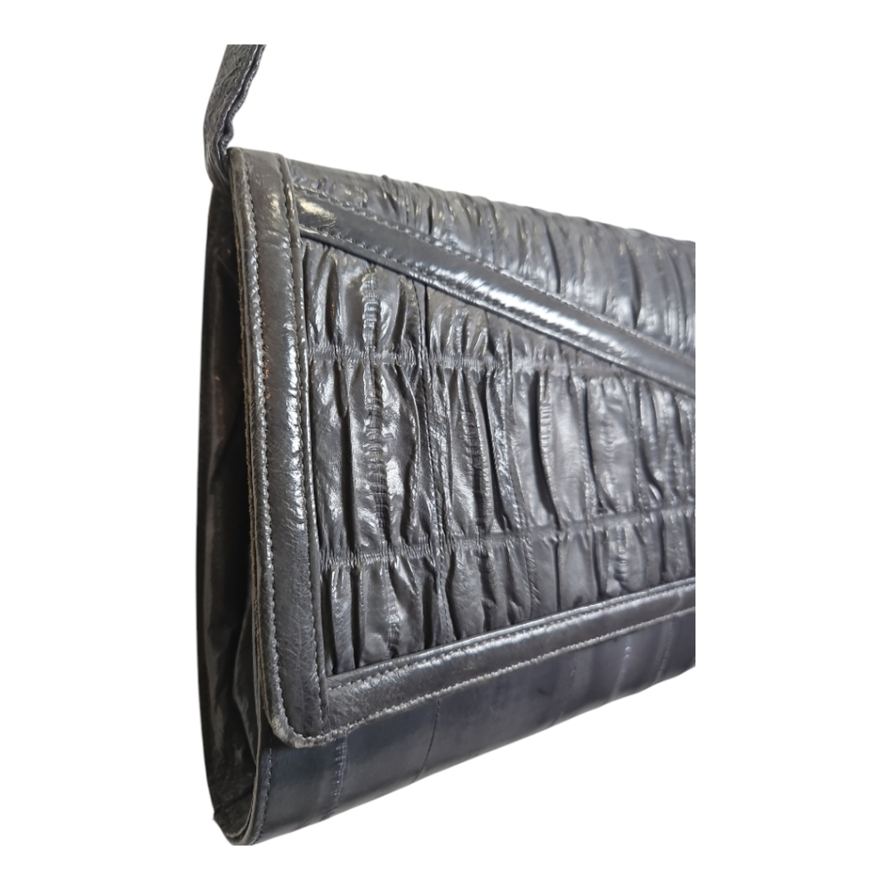 Vintage Gray Eel Skin Leather Clutch Or Shoulder Bag Purse W/ Matching Wallet - Picture 4 of 11